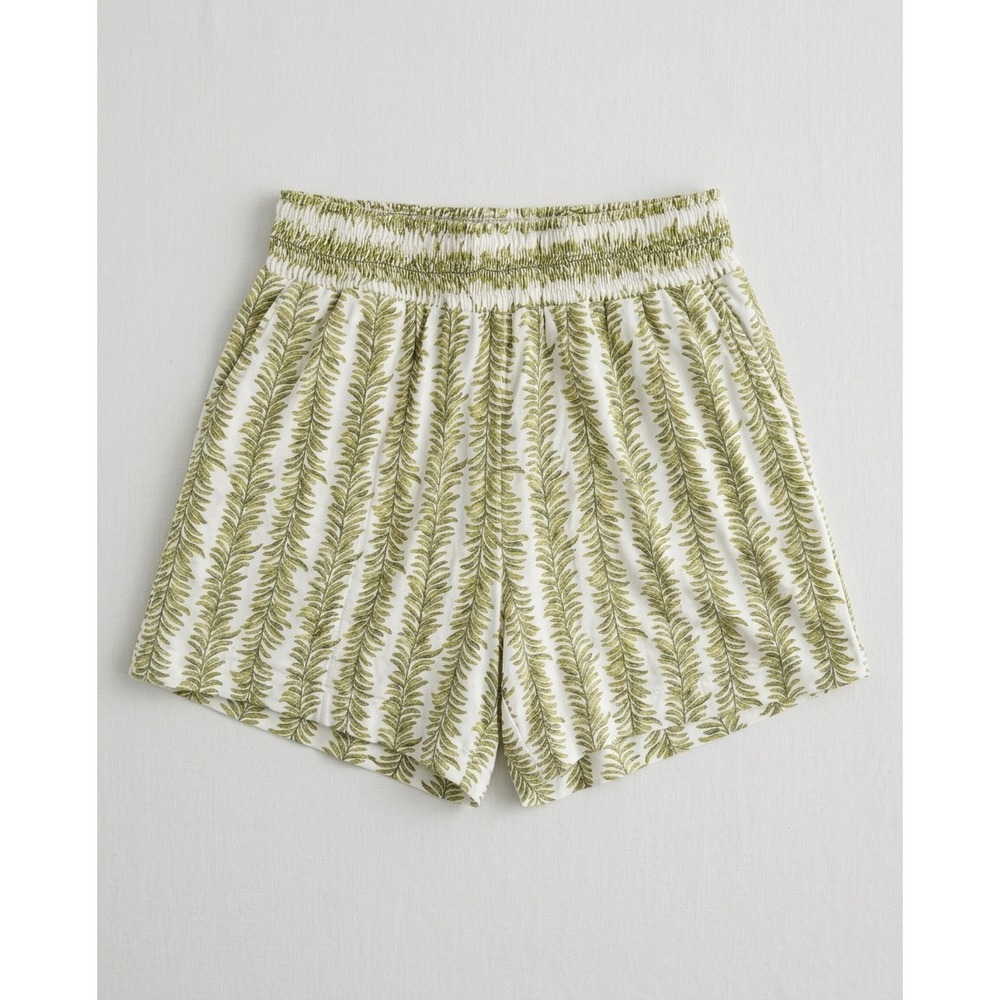 Soma Cool Nights Pajama Set XS Green White Leaf Print Button Top Smocked Shorts - Picture 3 of 5